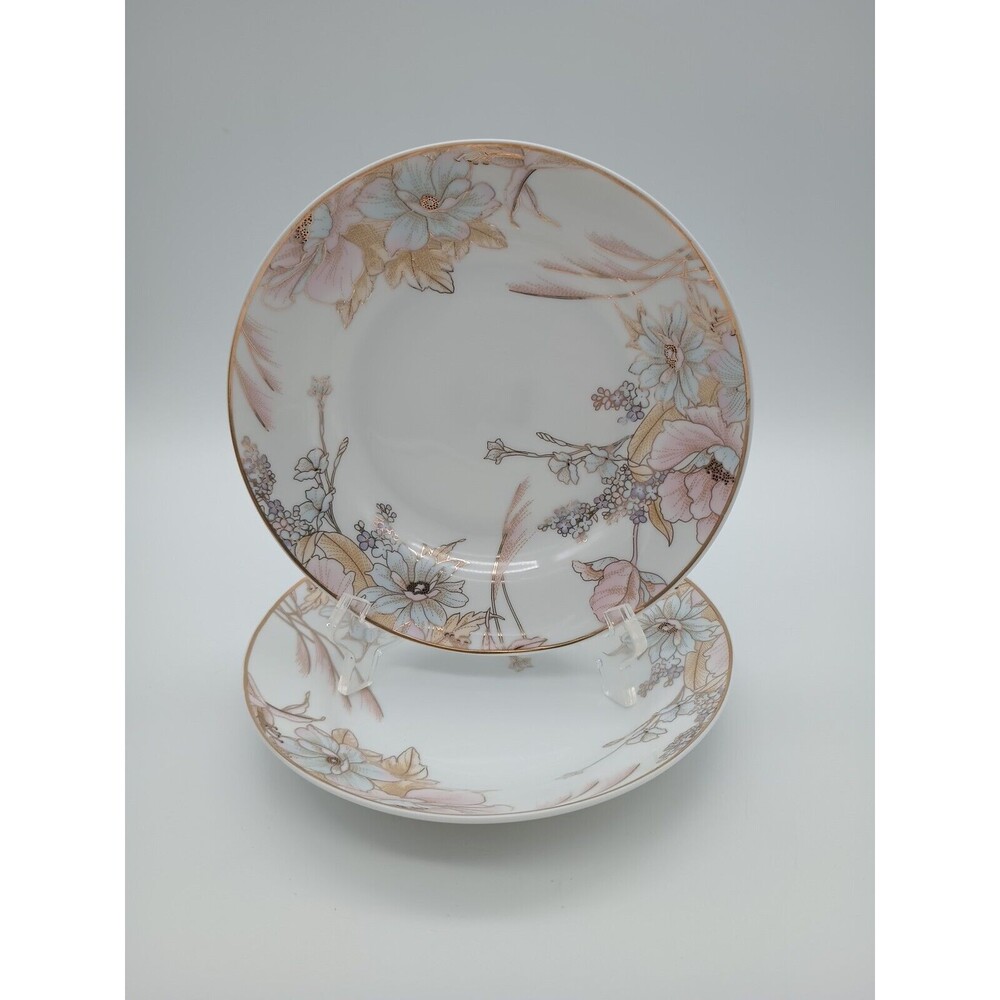 Yurong Fine Porcelain Pink And Blue Shallow Bowls Gold Trim Set Of 2